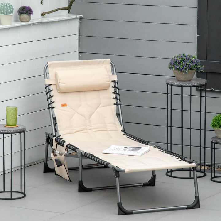 Beige Patio Recliner: Folding Padded Chair, 5-Position Backrest, Pillow, Pocket for Beach