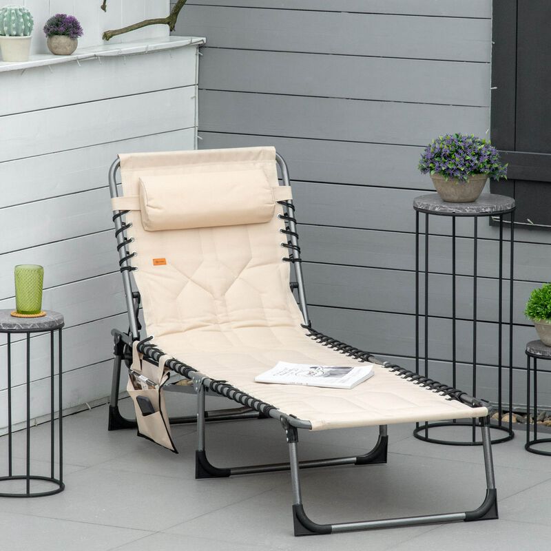 Beige Patio Recliner: Folding Padded Chair, 5-Position Backrest, Pillow, Pocket for Beach