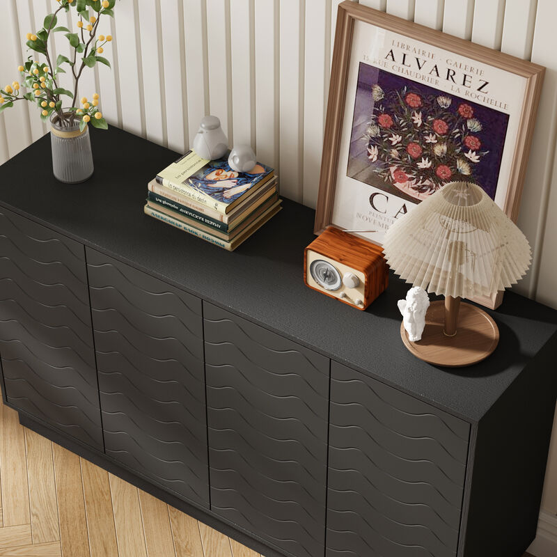 FUFU&GAGA Modern Black Sideboard Cabinet with 4 Doors, Adjustable Shelves, Engineered Wood (55.1" W x 15.7" D x 31.5" H), Black