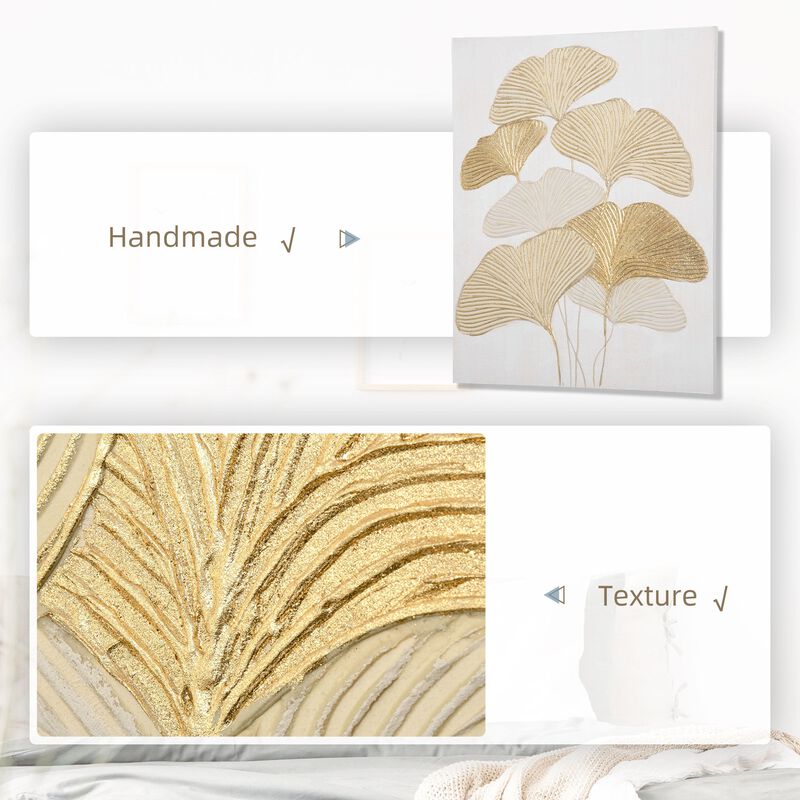 Gold Nature Art: Hand-Painted Ginkgo Leaves Canvas 39.25x31.5