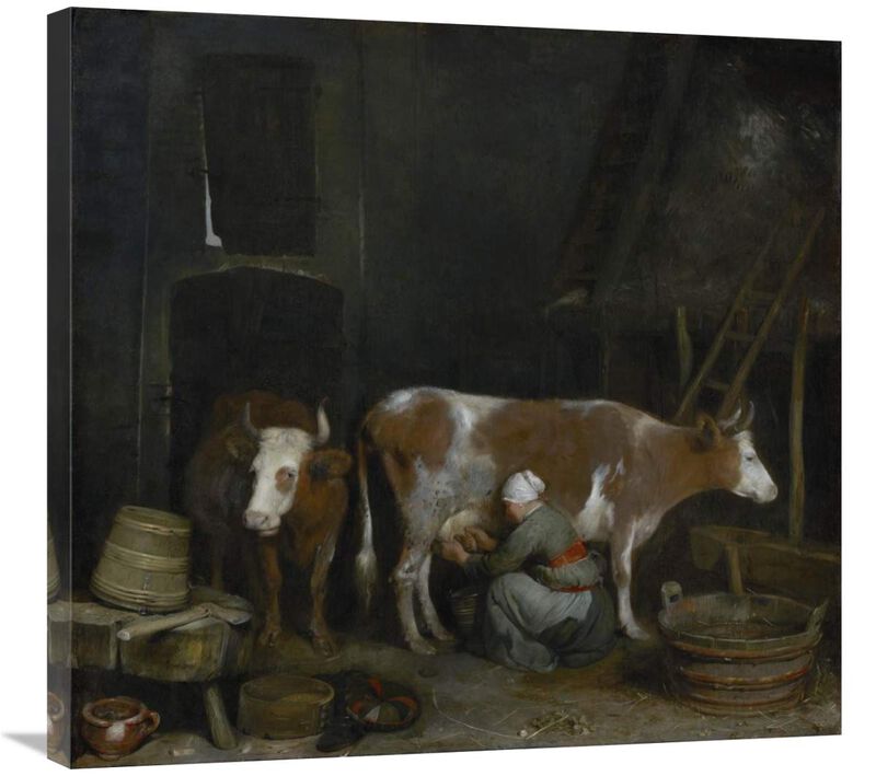 A Maid Milking a Cow in a Barn-Canvas Art-30x28.5
