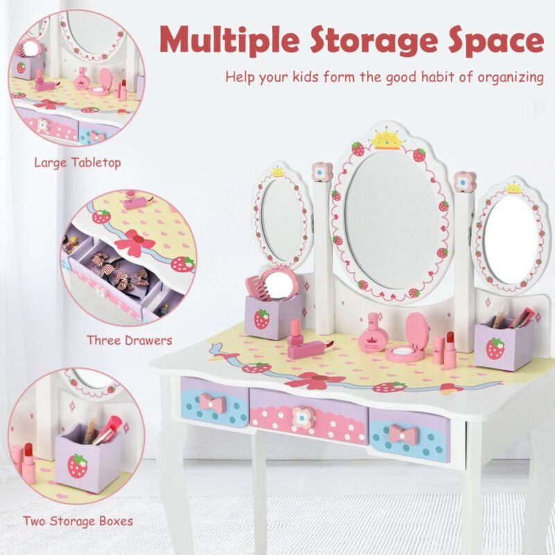 Hivvago Kids Vanity Princess Makeup Dressing Table Chair Set with Tri-fold Mirror