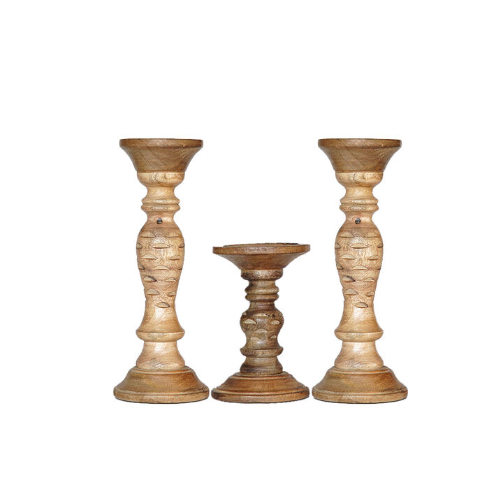 Traditional Wallnut Eco-friendly Handmade Mango Wood Set Of Three 9",6" & 9" Pillar Candle Holder