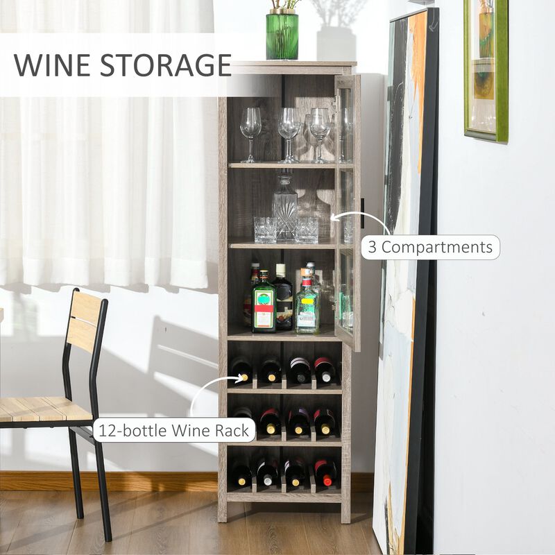 Grey Oak Bar Cabinet: Tall Wine Display with Glass Door and Storage