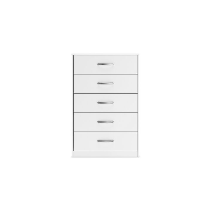 Eriss Tall Dresser Chest, 5 Drawers, White Wood, Silver Metal, 46 Inch - Benzara