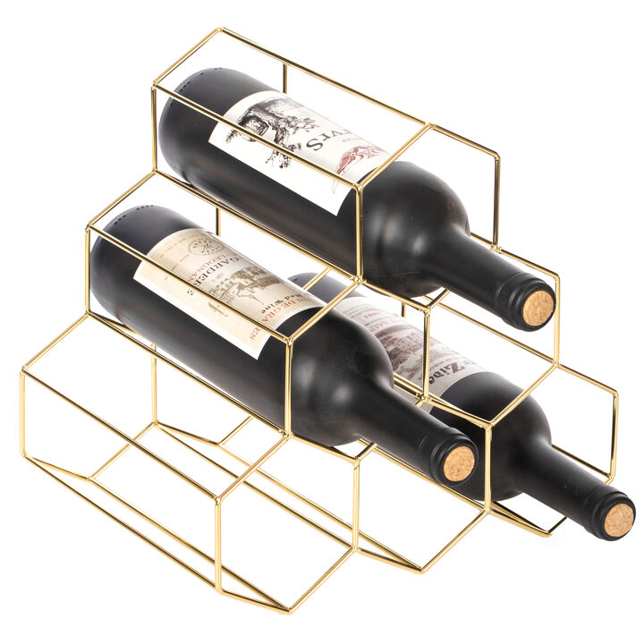 6 Bottle Gold Metal Modern Beehive Honeycomb Shape Countertop Wine Bottle Holder Rack Stand