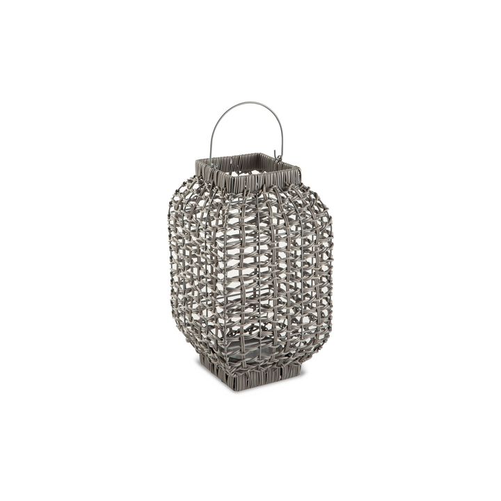 Neya Lantern, Indoor Outdoor Candle Holder, Bohemian Gray Faux Rattan Woven - Benzara