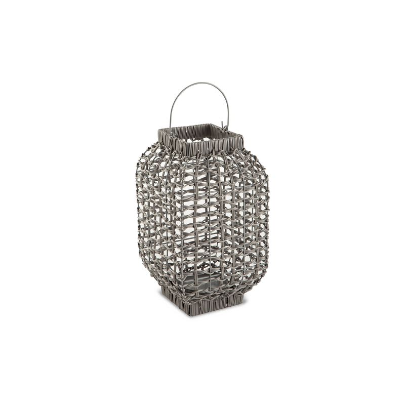 Neya Lantern, Indoor Outdoor Candle Holder, Bohemian Gray Faux Rattan Woven - Benzara