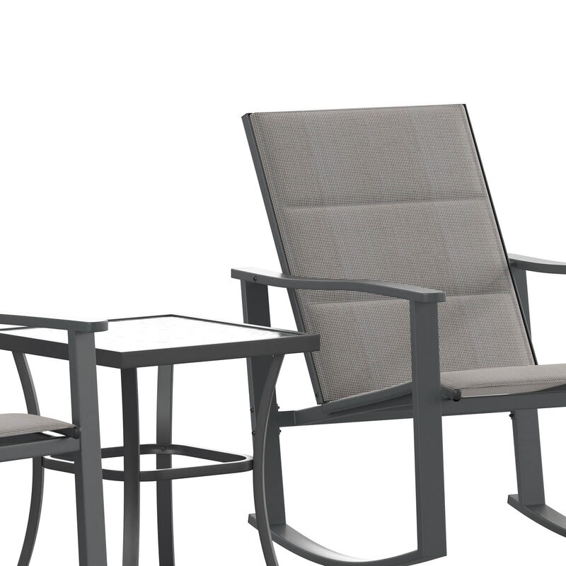 Flash Furniture Brazos 3 Piece Outdoor Rocking Chair Bistro Set with Flex Comfort Material and Steel Framed Glass Top Table