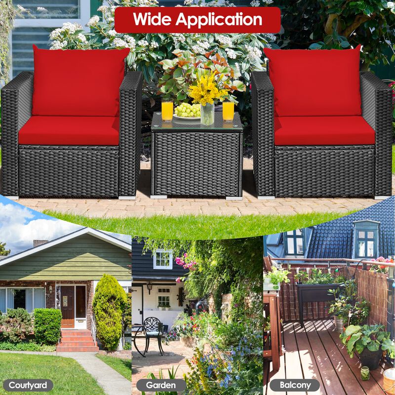 3 Pieces Patio Wicker Conversation Set with Cushion-Red