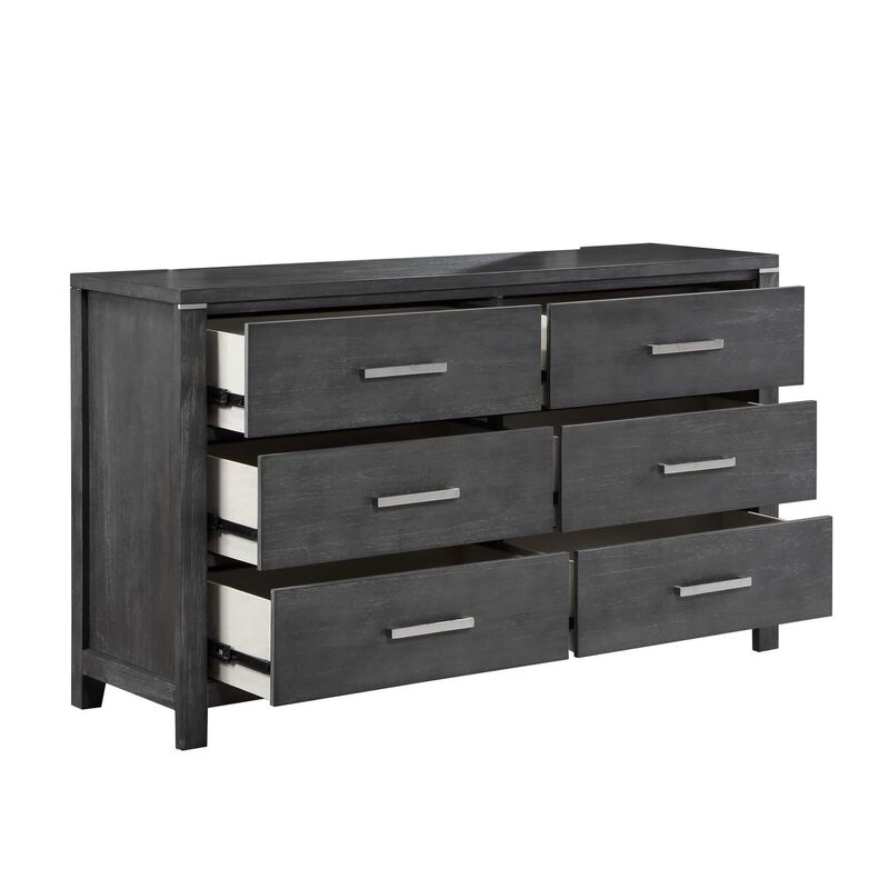 Benjara Tal 62 Inch Dresser, 6 Drawers Handles, Charcoal Finish, Gray, Chrome