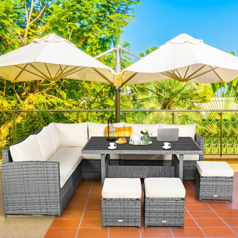 Hivvago 7 Pieces Outdoor Wicker Sectional Sofa Set with Dining Table