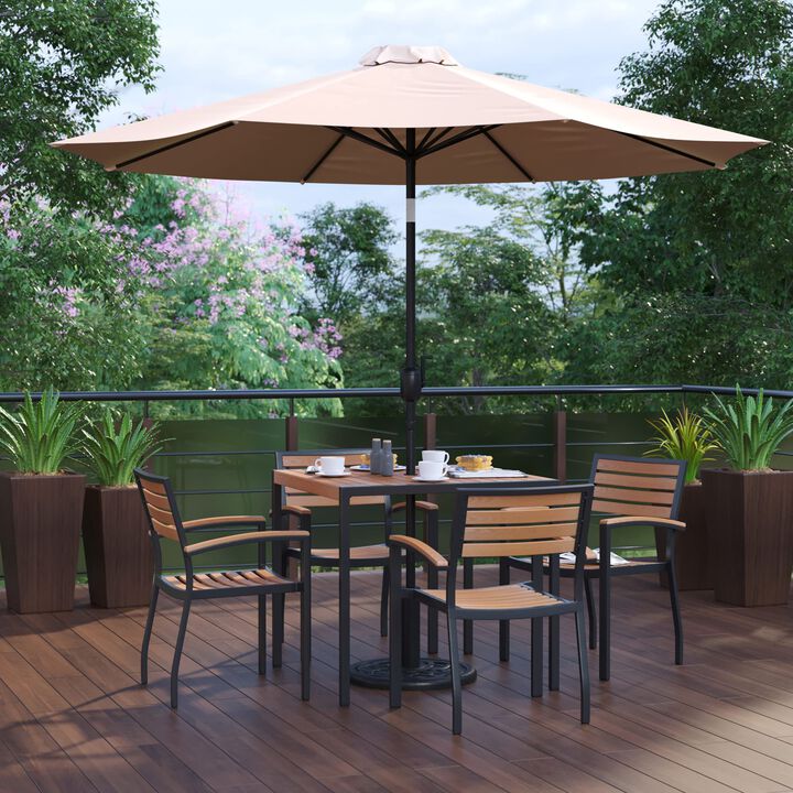 Flash Furniture Lark 7 Piece Outdoor Patio Dining Table Set - 4 Synthetic Teak Stackable Chairs with Arms - 35" Square Table - Tan Umbrella with Base