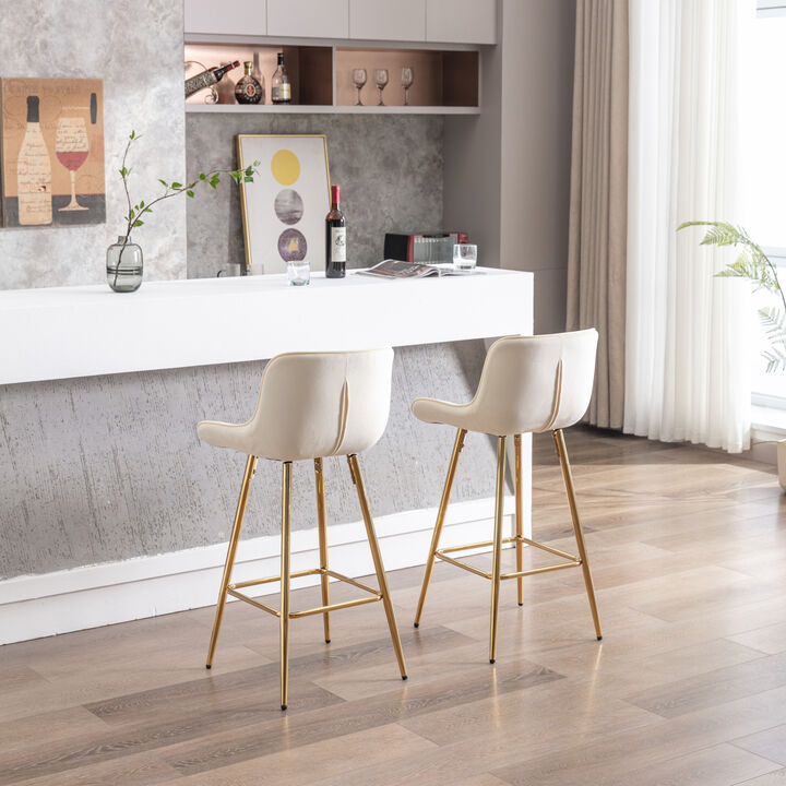 26 Inch Set of 2 Bar Stools, with Chrome Footrest Velvet Fabric Counter Stool Golden Leg Simple Bar Stool, CREAM