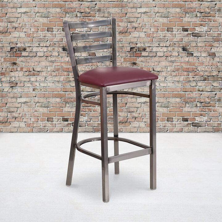 Flash Furniture HERCULES Series Clear Coated Ladder Back Metal Restaurant Barstool - Burgundy Vinyl Seat