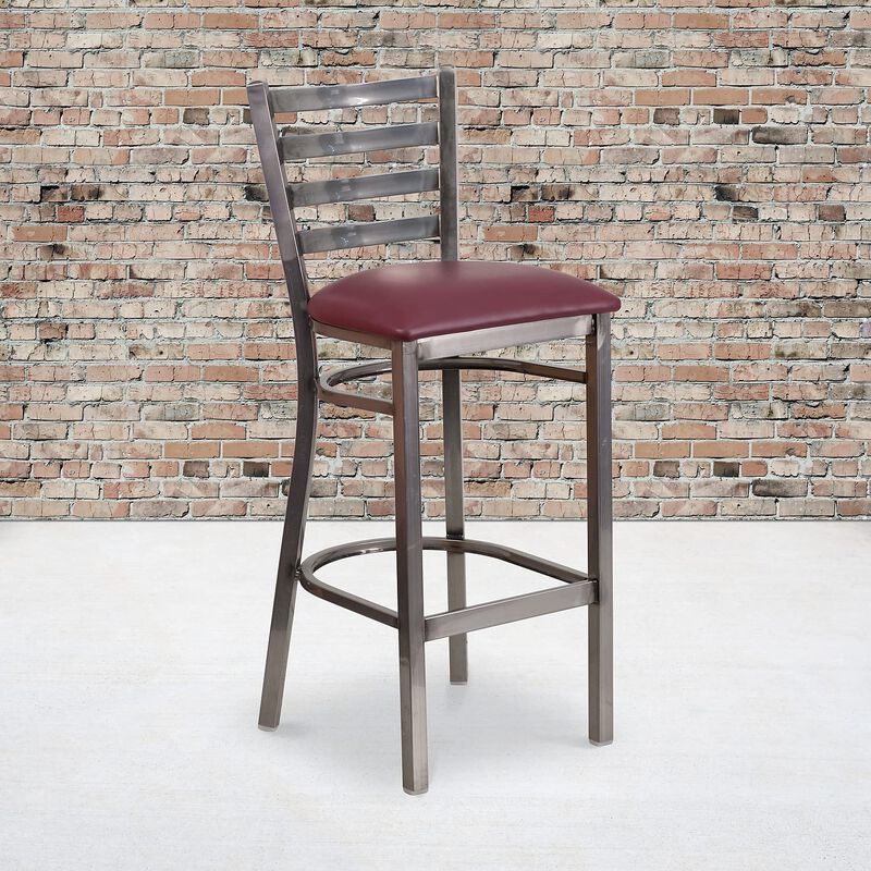 Flash Furniture HERCULES Series Clear Coated Ladder Back Metal Restaurant Barstool - Burgundy Vinyl Seat