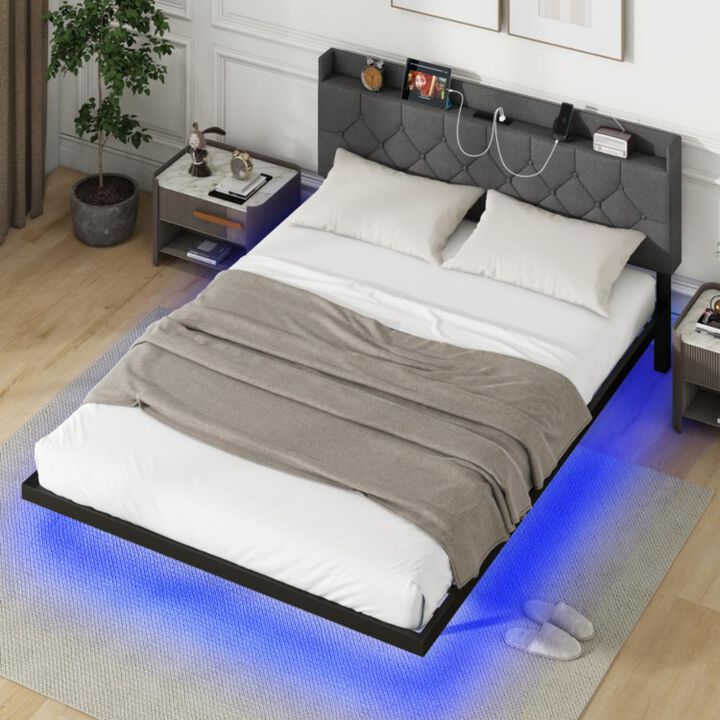 Hivvago Floating Bed Frame with LED and Headboard and Charging Station