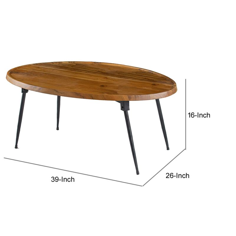 Benjara Aji 39 Inch Coffee Table, Oval Grain Acacia Wood Top, Metal Legs, Brown and Black