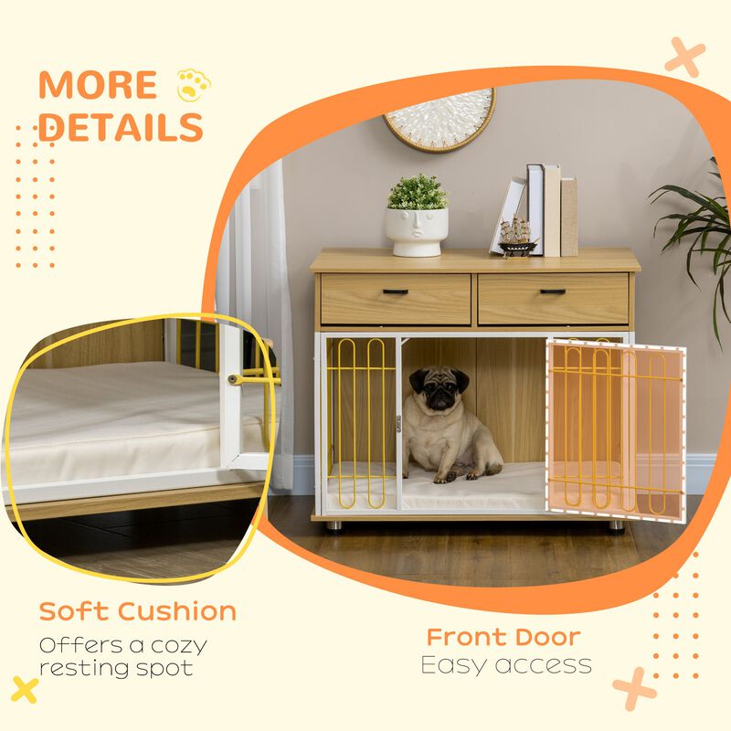 Oak Pet Furniture: Unique Dog Crate End Table with Drawers & Cushion