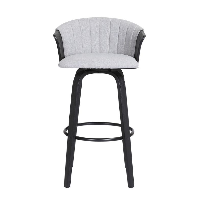 Oja 26 Inch Swivel Counter Stool Chair, Light Gray Fabric, Curved, Black - Benzara