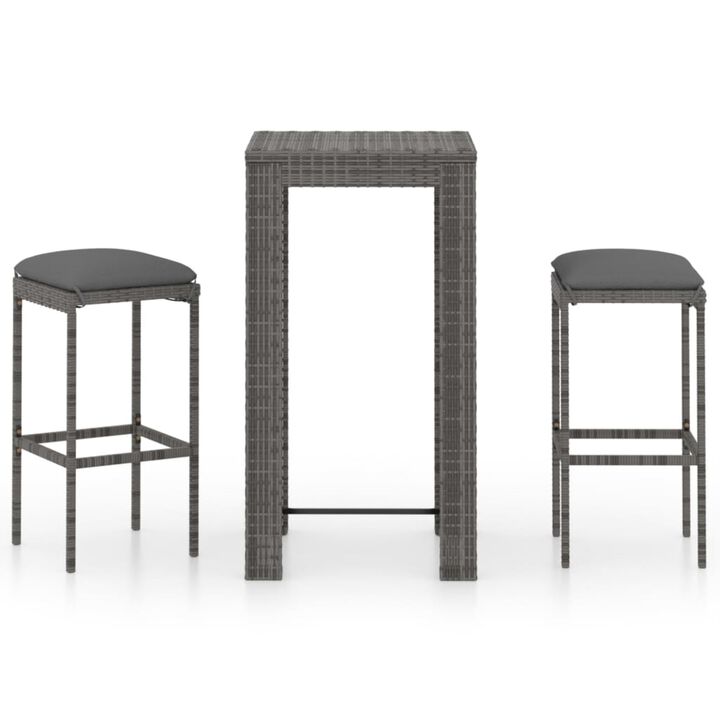 vidaXL 3 Piece Garden Bar Set with Cushions Poly Rattan Gray