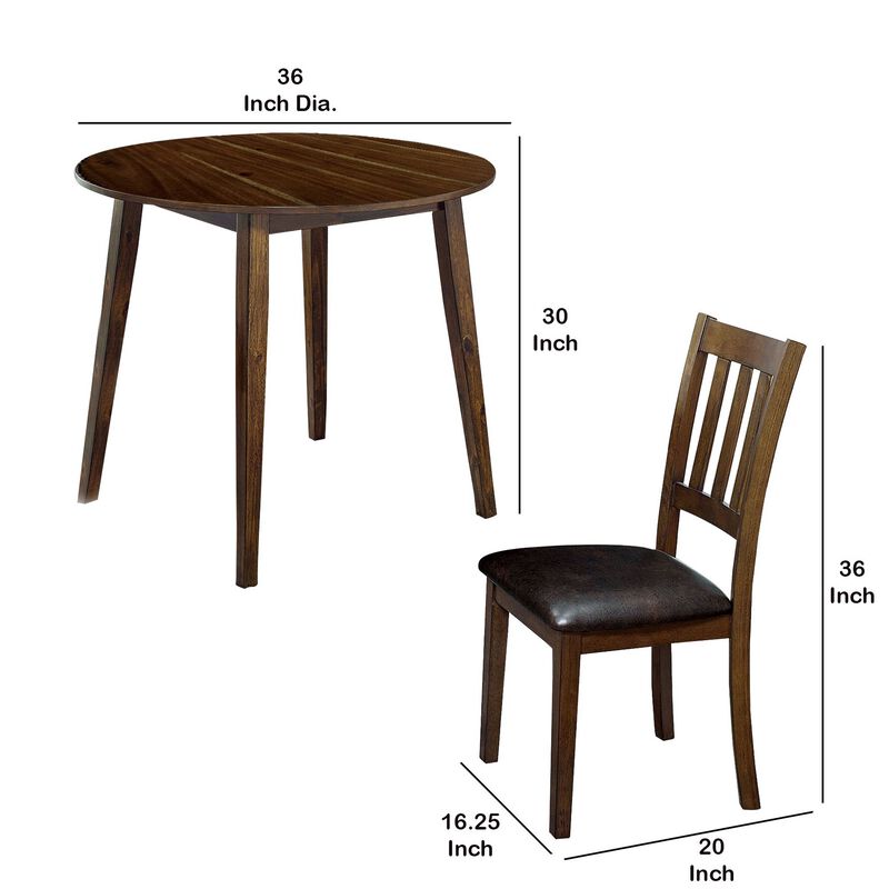 3 Piece Round Dining Table and Leatherette Chair Set, Brown-Benzara