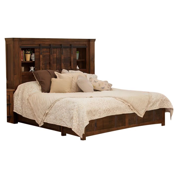 Maye King Size Bed, 2 Drawers, Fixed Shelves, Deep Rustic Brown Finish - Benzara