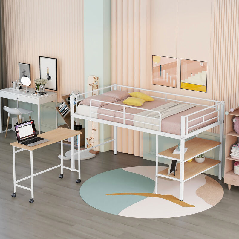 Merax Metal Loft Bed with Movable Desk and Shelves