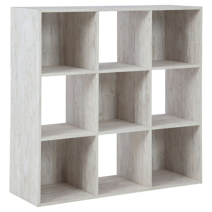 9 Cube Wooden Organizer with Grain Details, Washed White - Benzara