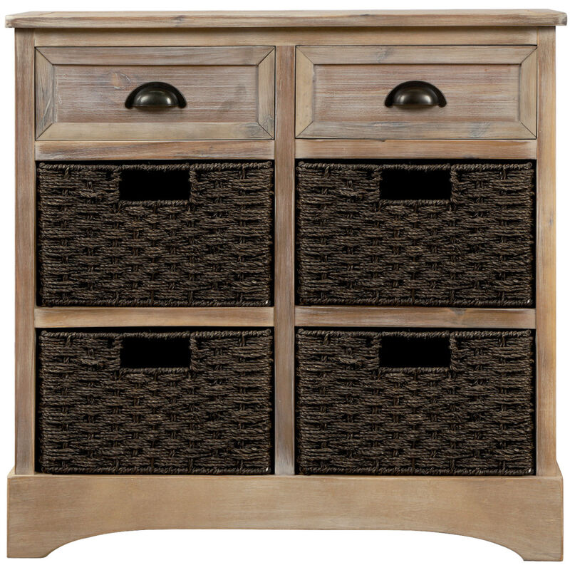 Rustic Storage Cabinet With Two Drawers And Four Classic Rattan Basket