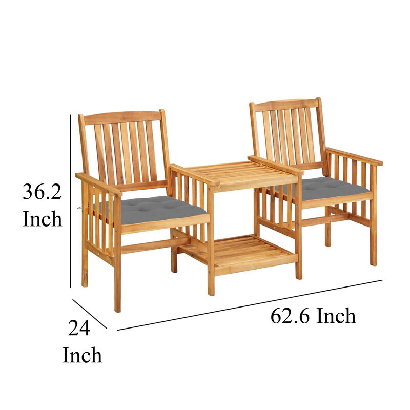 Outdoor 3pc Bistro Table and Chairs Set, Gray, Slatted Brown Wood - Benzara