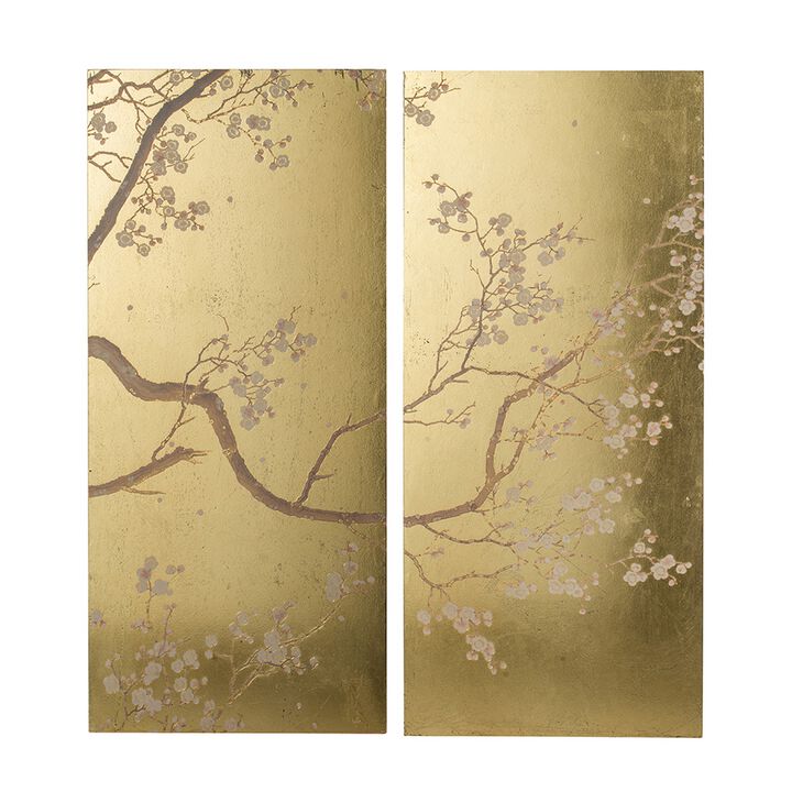 Tim 47 Inch Tall Wall Art Set of 2, Divided Floral Design, Gold, Brown - Benzara