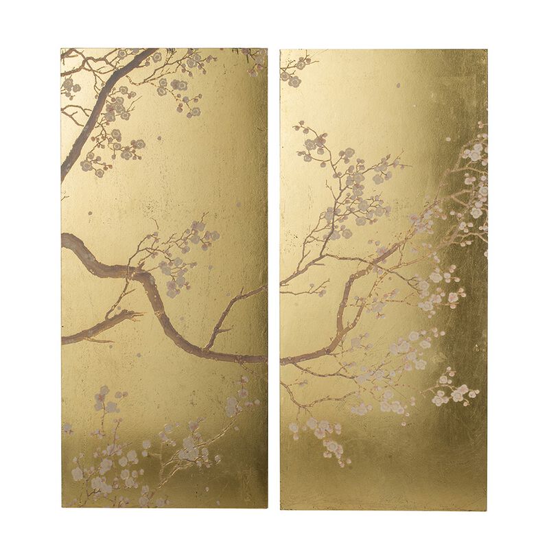 Tim 47 Inch Tall Wall Art Set of 2, Divided Floral Design, Gold, Brown - Benzara
