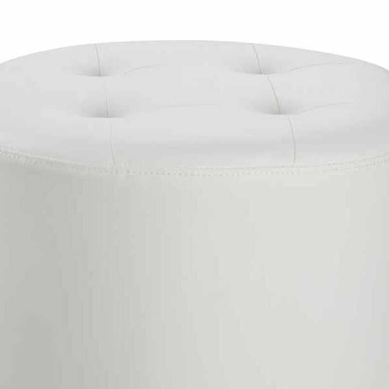 18 Inch Round Swivel Ottoman, Vegan Faux Leather, Tufted Seat, White, Chrome-Benzara