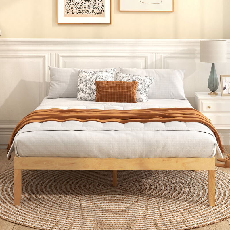 Wood Bed Frame with Wooden Slats Support and Rubber Wood Legs