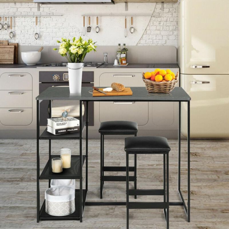 Hivvago 3 Pieces Dining Set with Rectangular Faux Marble and 3 Metal Storage Shelves