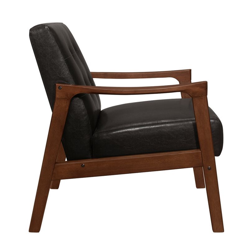 Aly 31 Inch Accent Chair Armchair, Dark Brown Faux Leather, Solid Wood - Benzara
