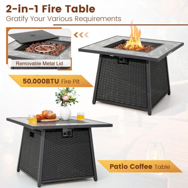 Hivvago 35 Inch Propane Gas Fire Pit Table Wicker Rattan with Lava Rocks PVC Cover-Black