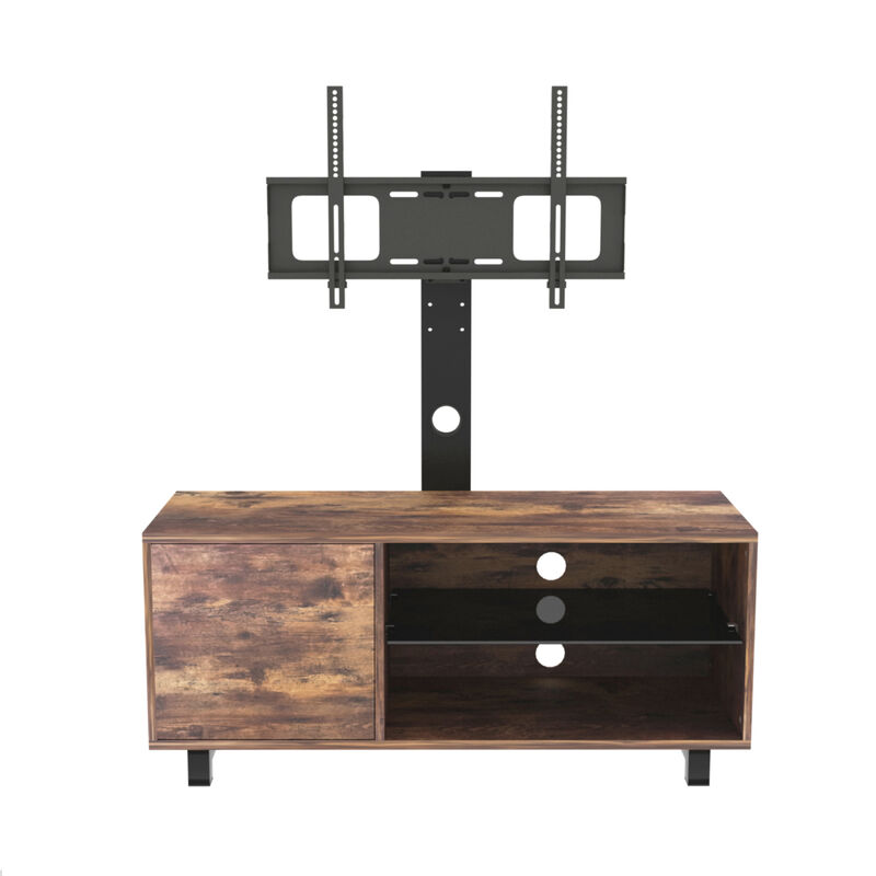 Rustic Brown TV Console With Push-To-Open Storage Cabinet For TV Up To 65In Wood & Glass
