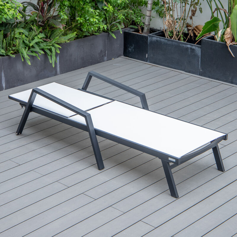 LeisureMod Marlin Patio Chaise Lounge Chair with Armrests – Black Aluminum Frame & Navy Blue Mesh for Outdoor Comfort