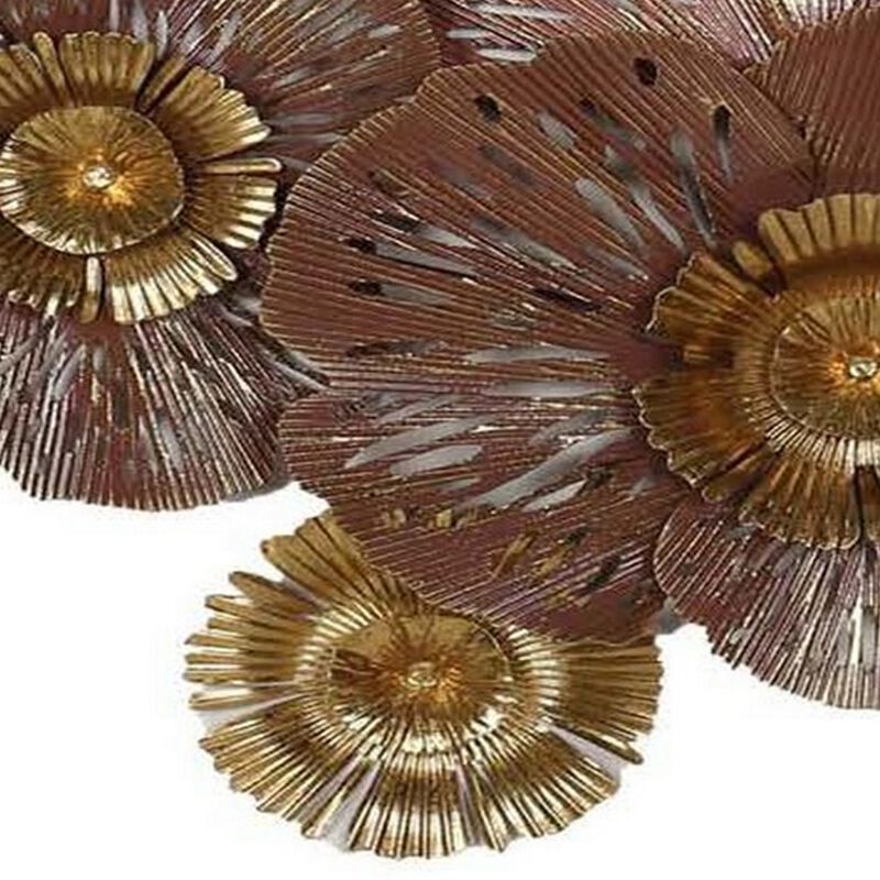 45 Inch Hanging Wall Art Decor, 3D Multiple Flowers, Metal, Brown, Gold - Benzara