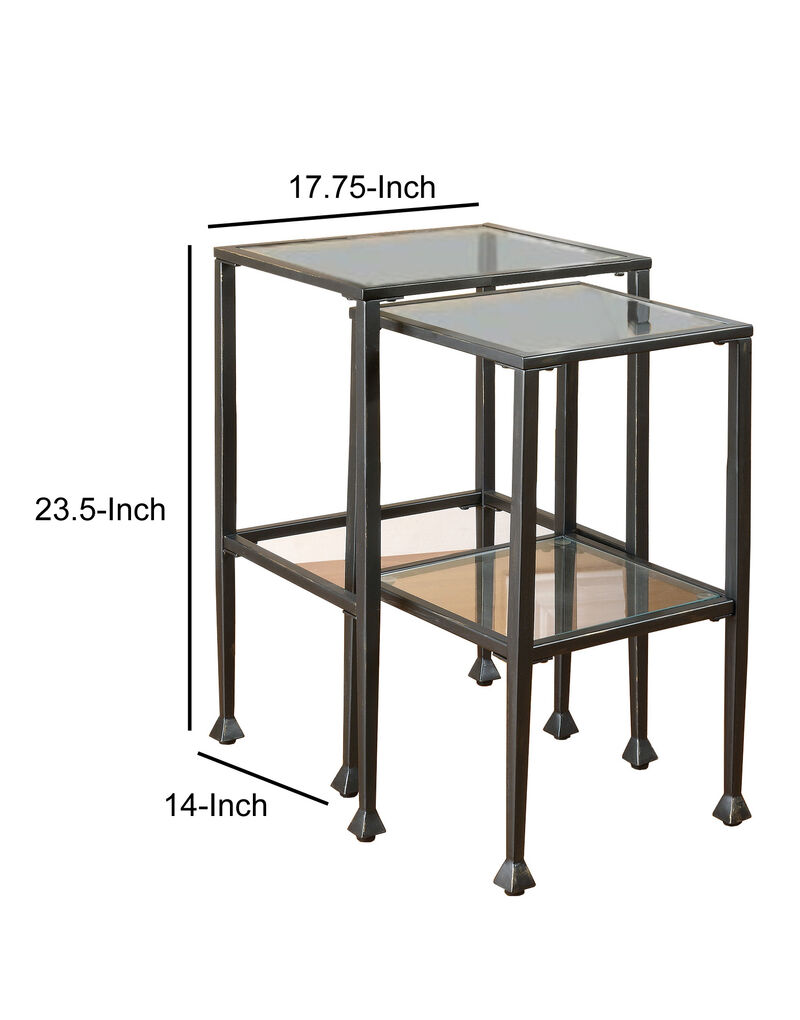 Set Of 2 Metal Nesting Tables With Glass Top, Black-Benzara
