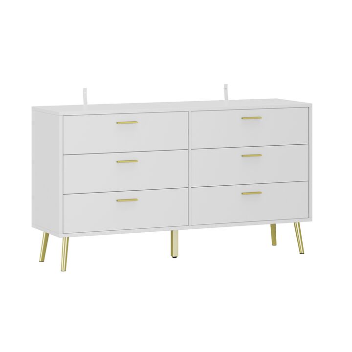 6-Drawers White Wood Chest of Drawer Accent Storage Cabinet Organizer With Metal Leg 54.1 in. W x 15.6 in. D