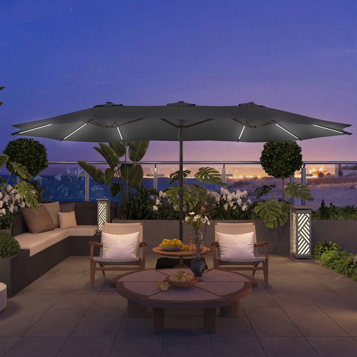 Mondawe 15 ft. Large Double-Sided Outdoor Twin Umbrella With Light Strip,Patio Market Umbrella with Crank and Base