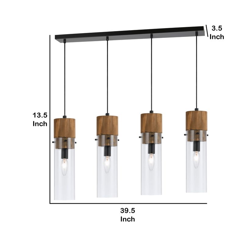 60 X 4 Watt Wood and Metal Fixture with Cylindrical Shades, Brown and Black - Benzara