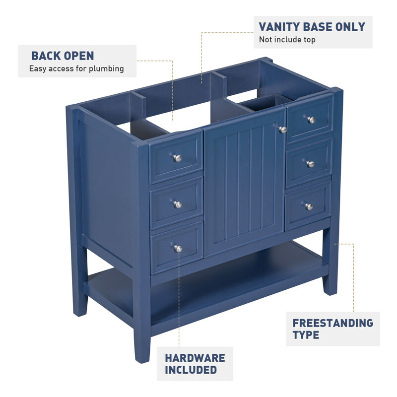 36" Bathroom Vanity Without Sink, Cabinet Base Only, One Cabinet And Three Drawers