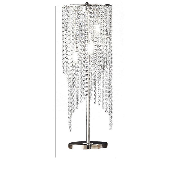 Mindy 30 Inch Table Lamp, Crystal Raindrops Design, Metal, Clear Finish-Benzara