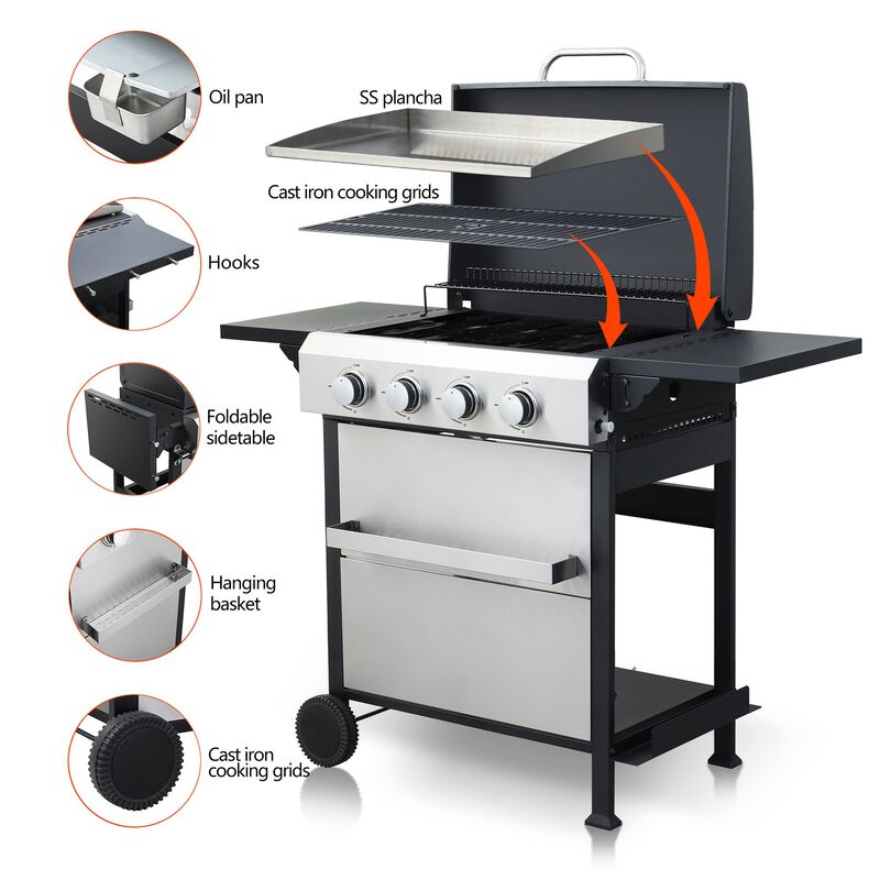MONDAWE 4-Burner Propane Gas BBQ Grill, SS Plancha, 49200BTU Output With Wire Enamel Cooking Grids For Outdoor Barbecue, Foldable Side Table, Hanging Basket, Stainless Steel