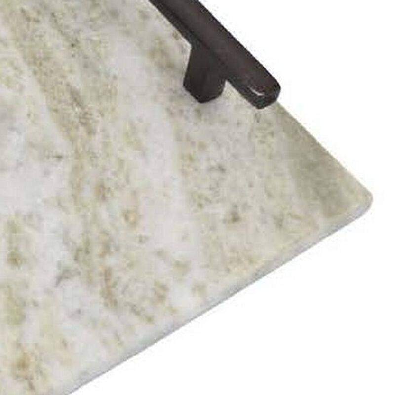 Entro Tray Set of 2, Rectangular Shape, 2 Gold Handles, White Finish Marble - Benzara