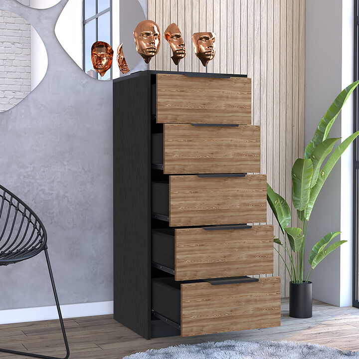 DEPOT E-SHOP Egeo 5 Drawer Dresser, Vertical Dresser, Black / Light Oak